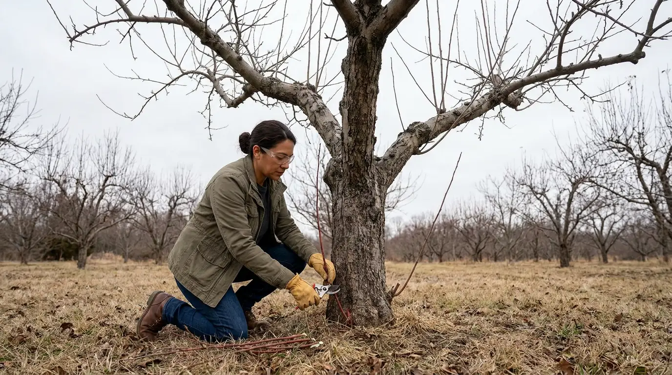 woman kneeling beside a mature apple tree while cutting suckers growing around the trunk base