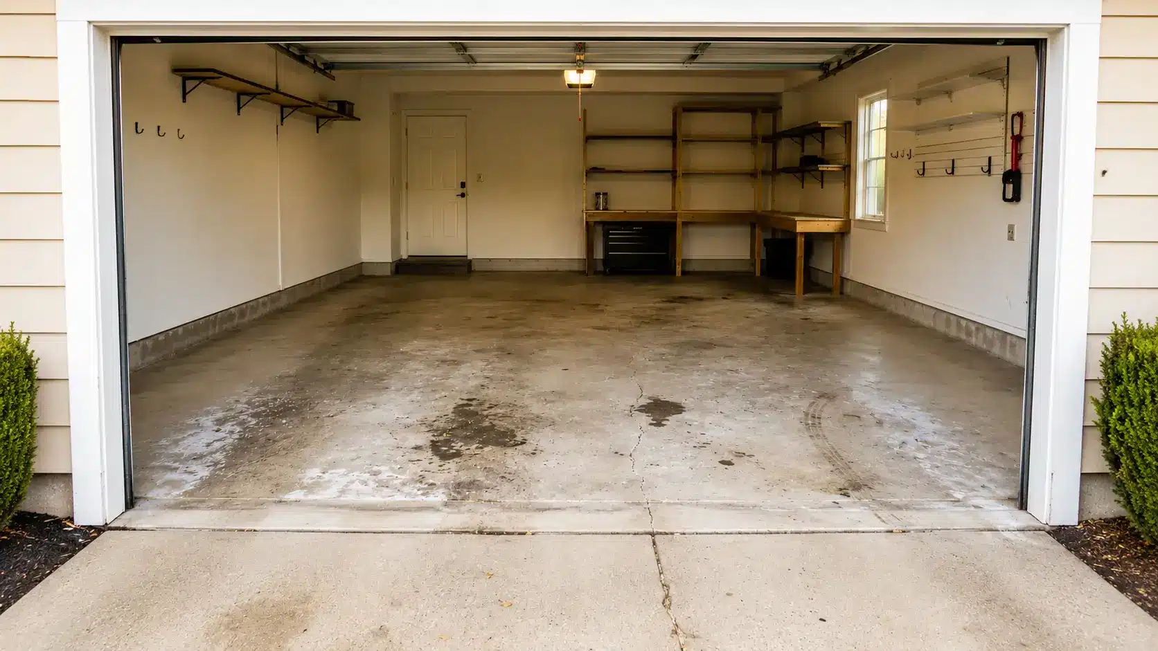 open two car garage with a stained concrete floor, wall shelves, workbench, and storage hooks visible