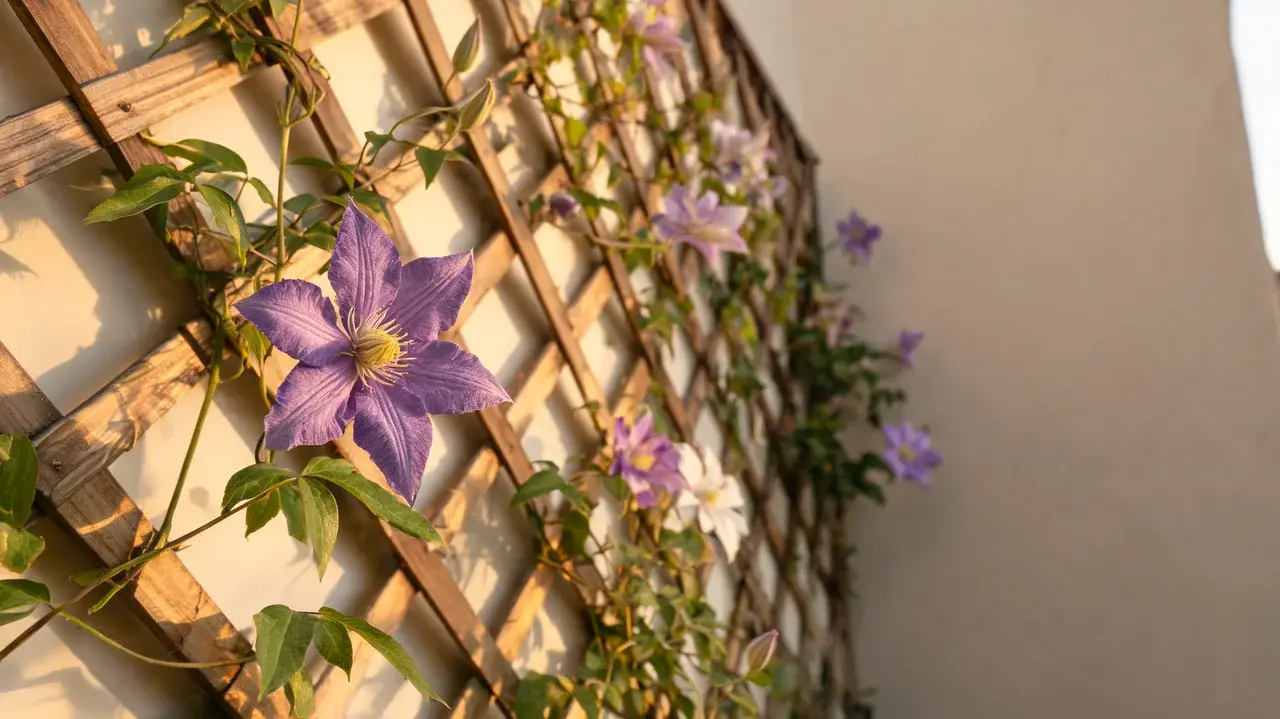 clematis vine with purple star-shaped flowers and green leaves climbing naturally over a simple garden trellis