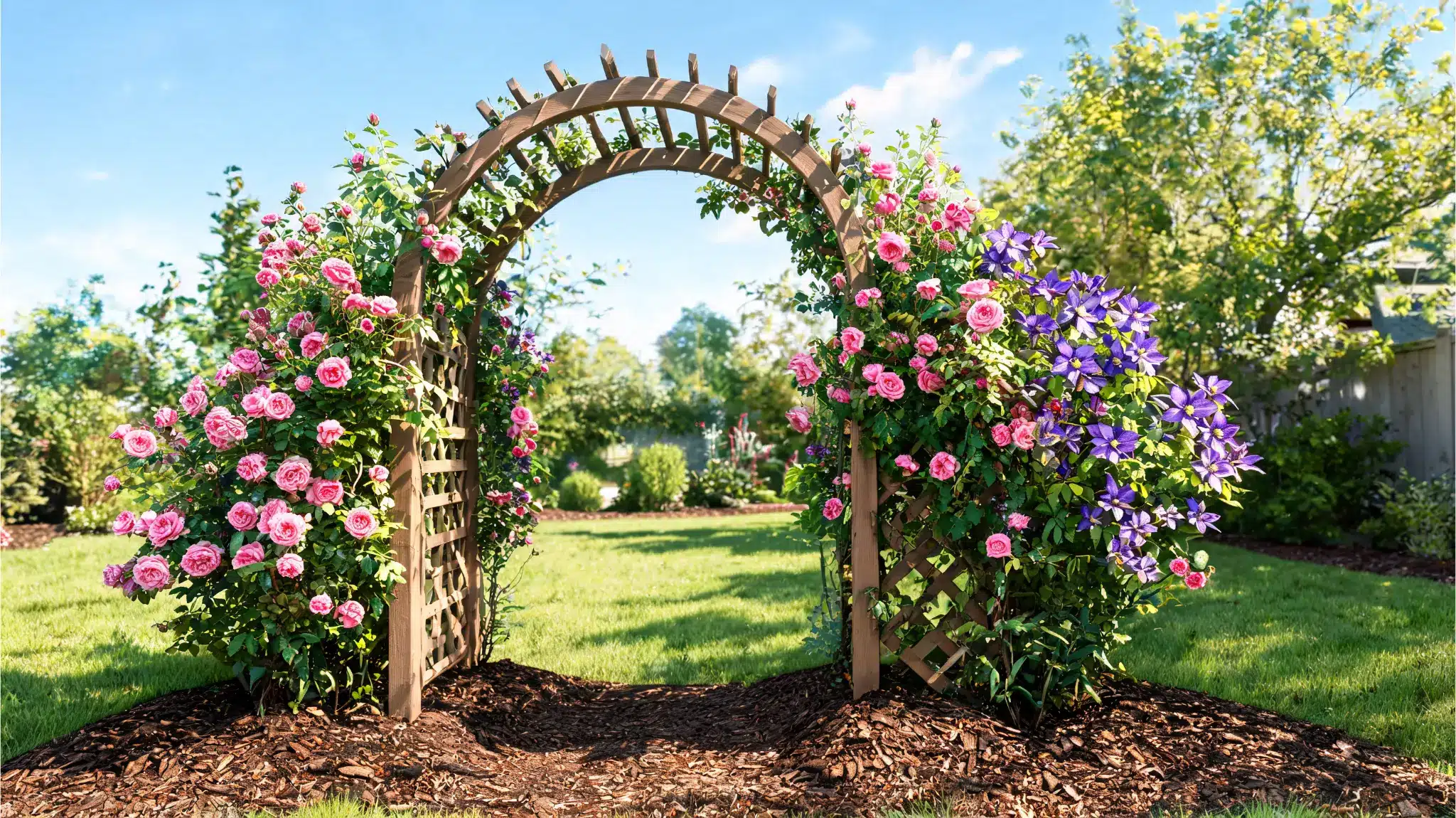 clematis growing with climbing roses on a garden arch