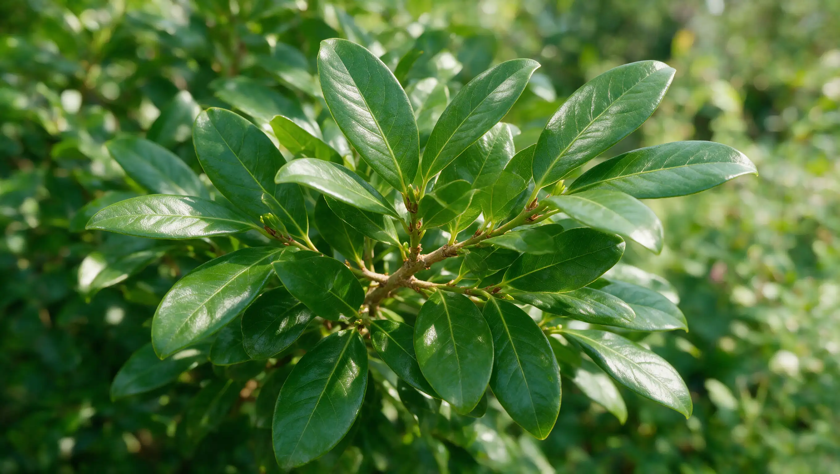 close up of a bay laurel branch with glossy dark green leaves growing in soft natural daylight