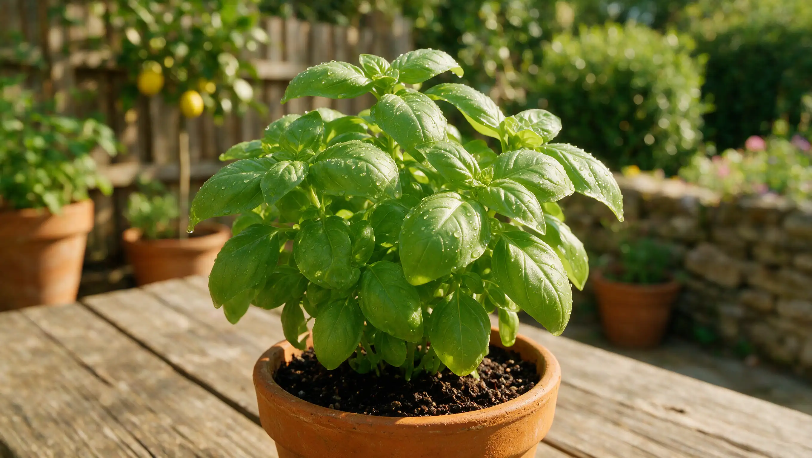 close up of a healthy basil plant with bright green leaves growing in a terracotta pot in natural sunlight
