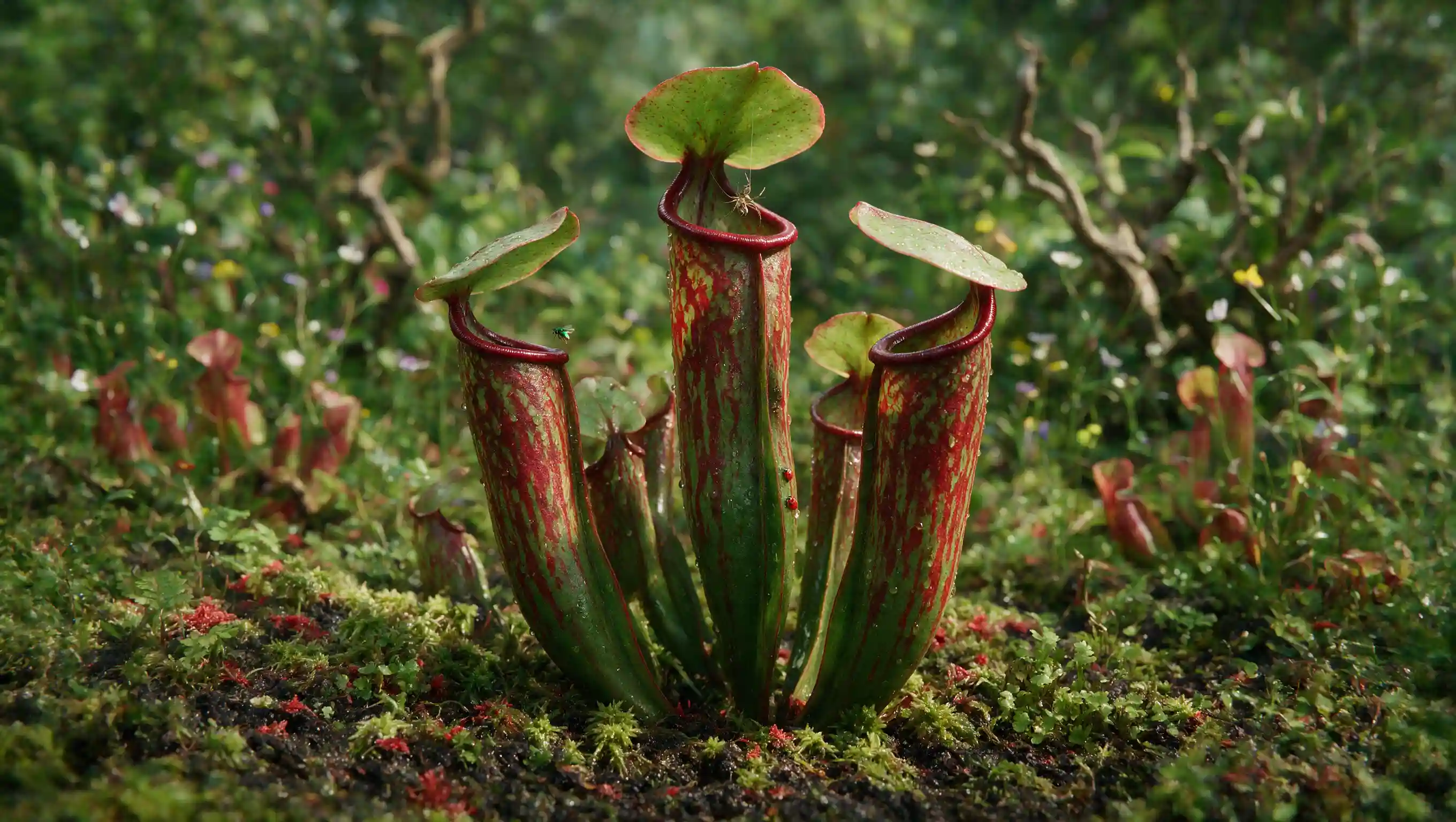 close up of a pitcher plant with tall tubular red and green pitchers in a sunny bog garden setting