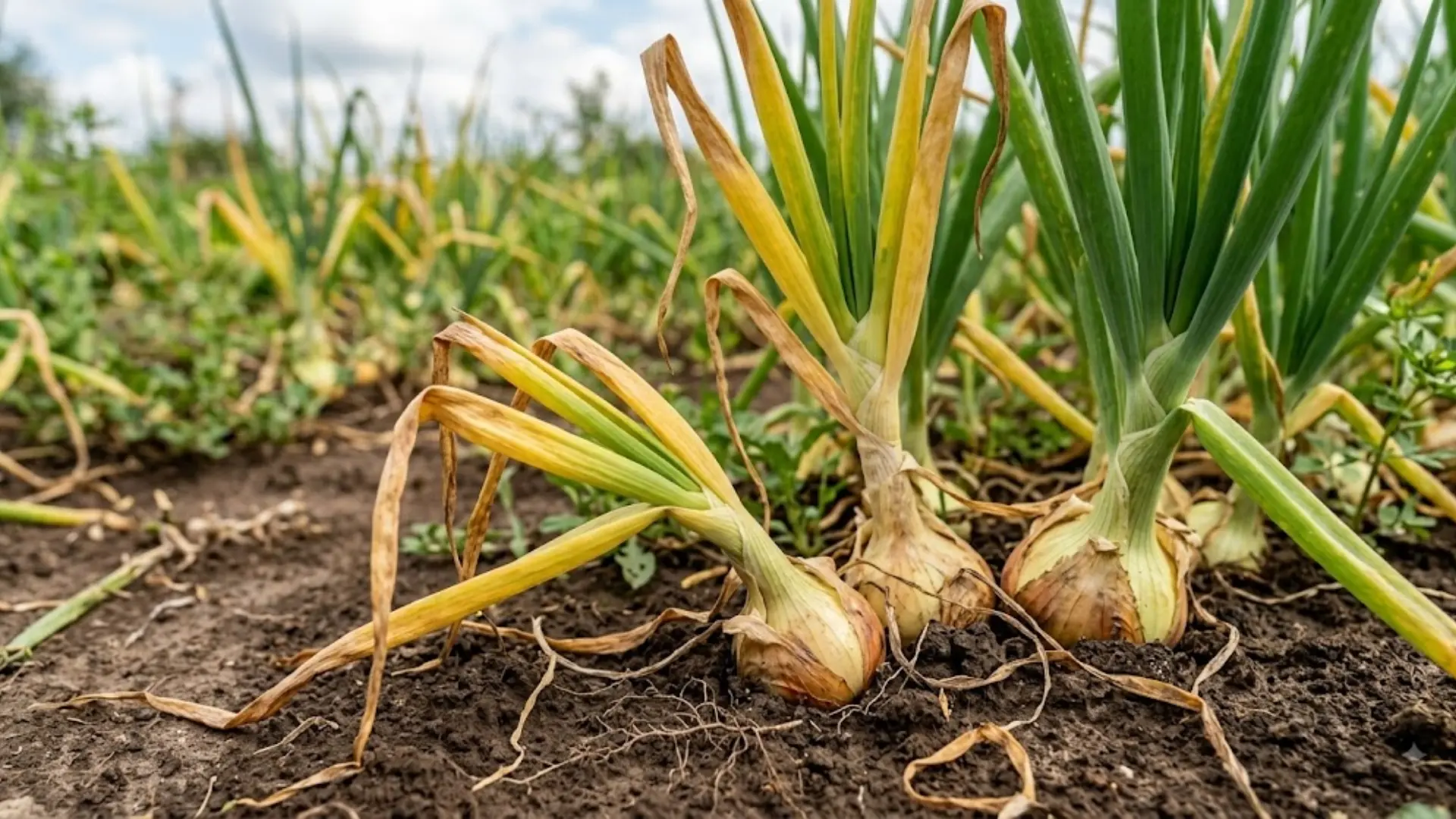 close up of maturing onions in a garden bed with leaves turning yellow brown and drying