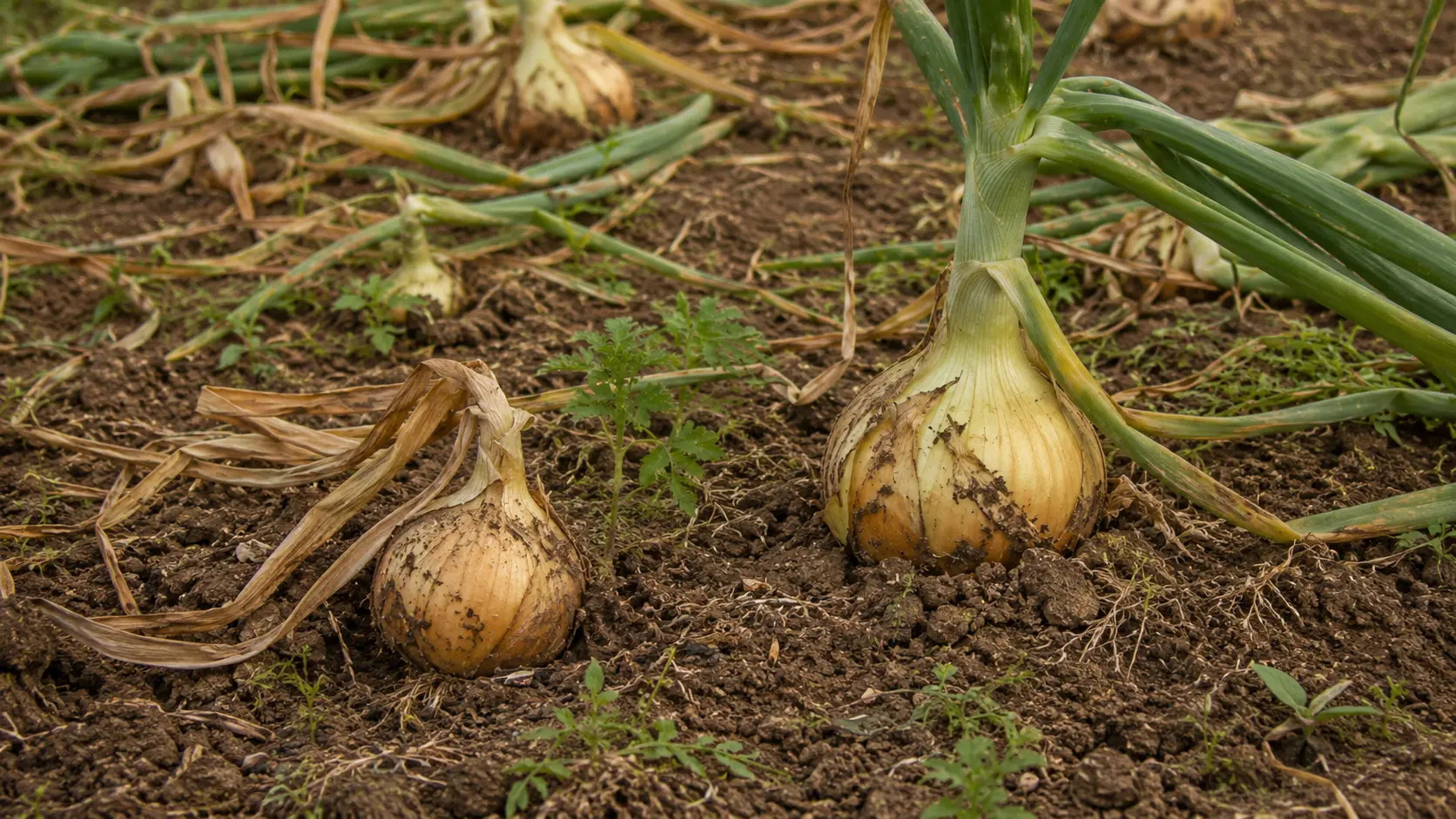 close up of onion bulbs in garden soil showing dry thin outer skin with green and drying foliage