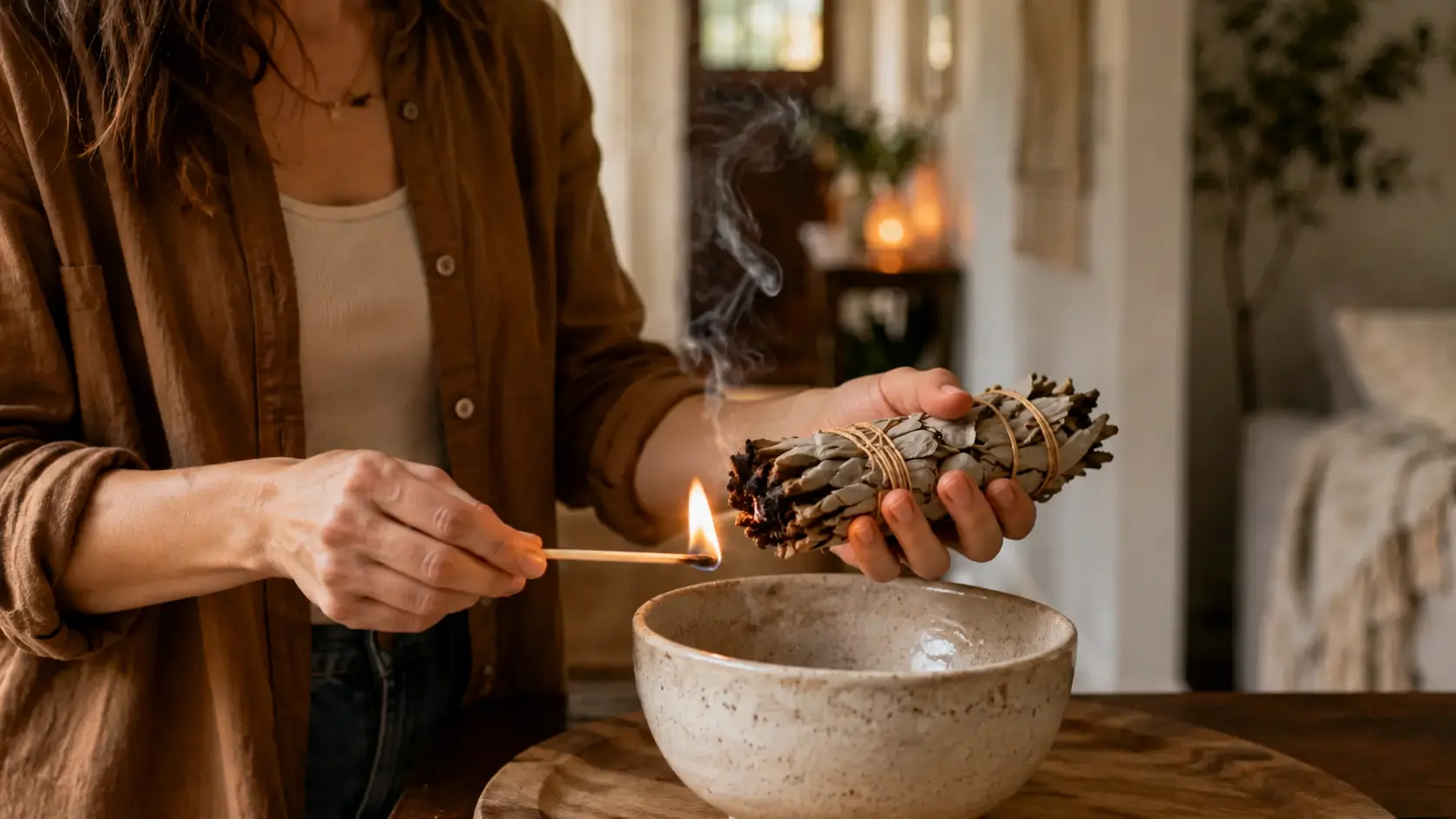 close up of person lighting sage bundle over fire safe bowl as smoke begins during cleansing ritual