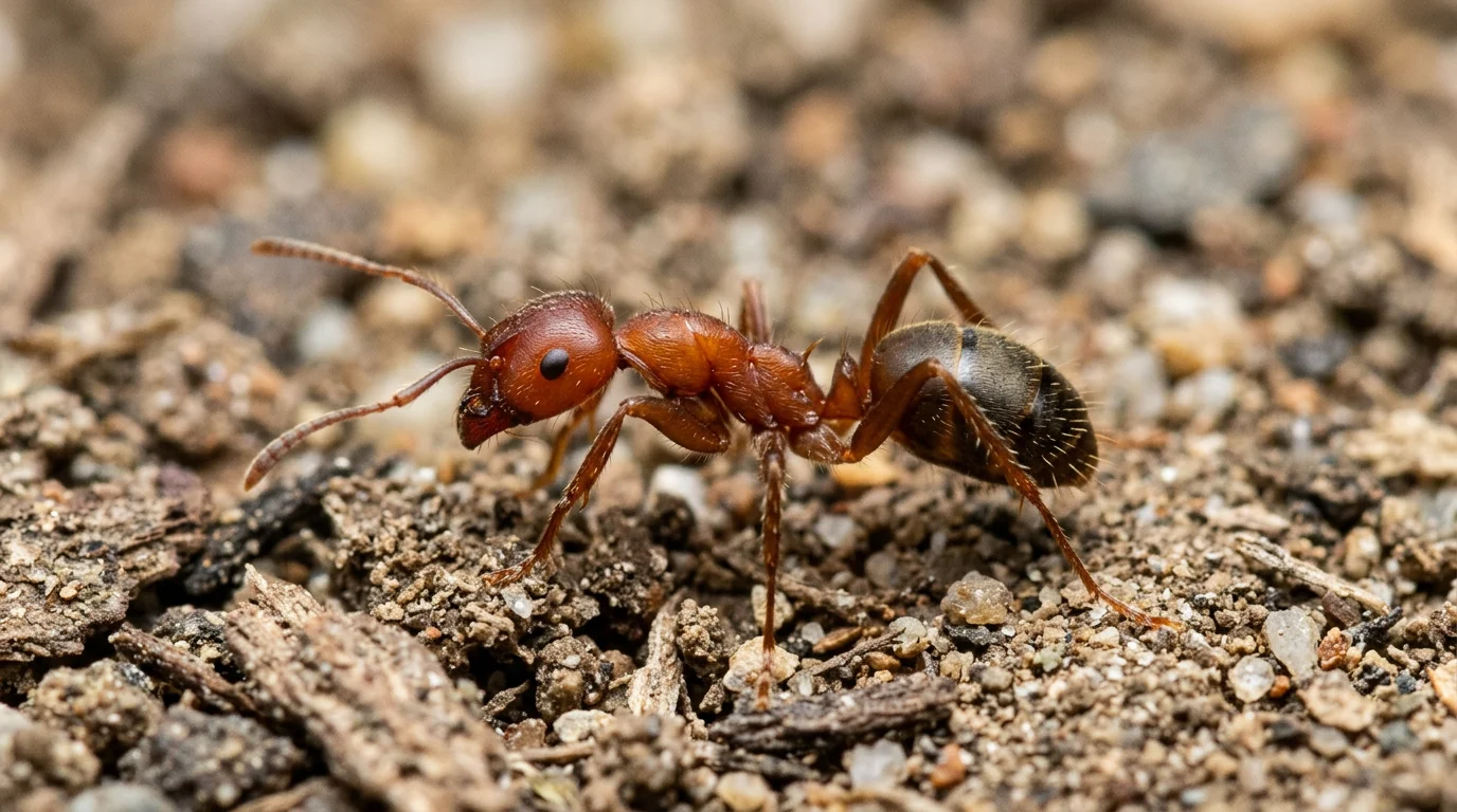 close view of a red fire ant showing antennae legs narrow waist and dark abdomen on loose soil