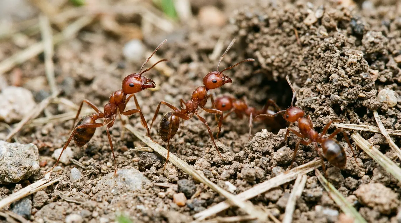 close view of red fire ants moving across loose soil beside a mound entrance in a dry outdoor area