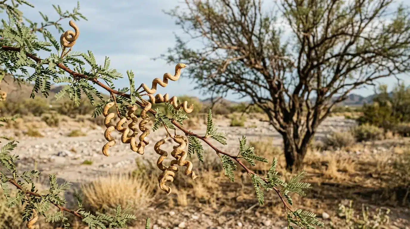 close view of tightly curled screwbean mesquite pods on a leafy branch in a dry desert wash