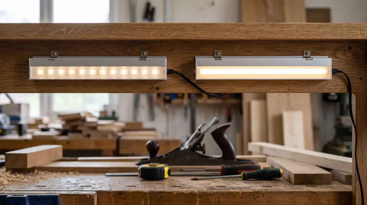 two under shelf led bars showing dotted and smooth dotless light output