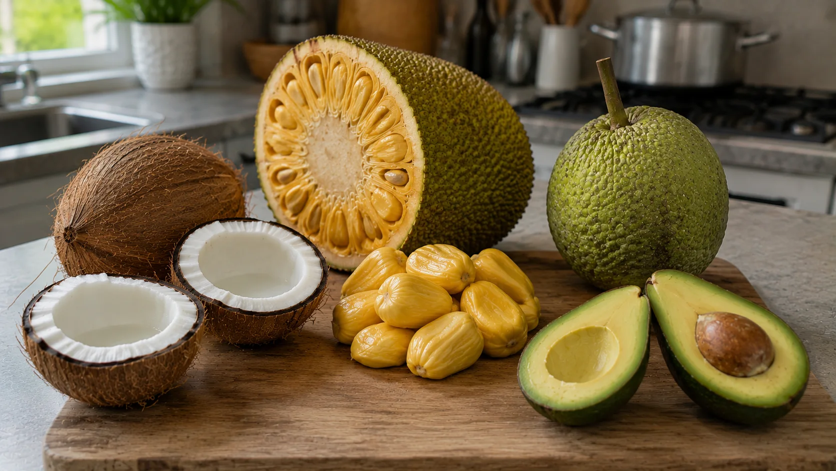 coconut jackfruit breadfruit plantain and avocado arranged in a realistic tropical cooking setup