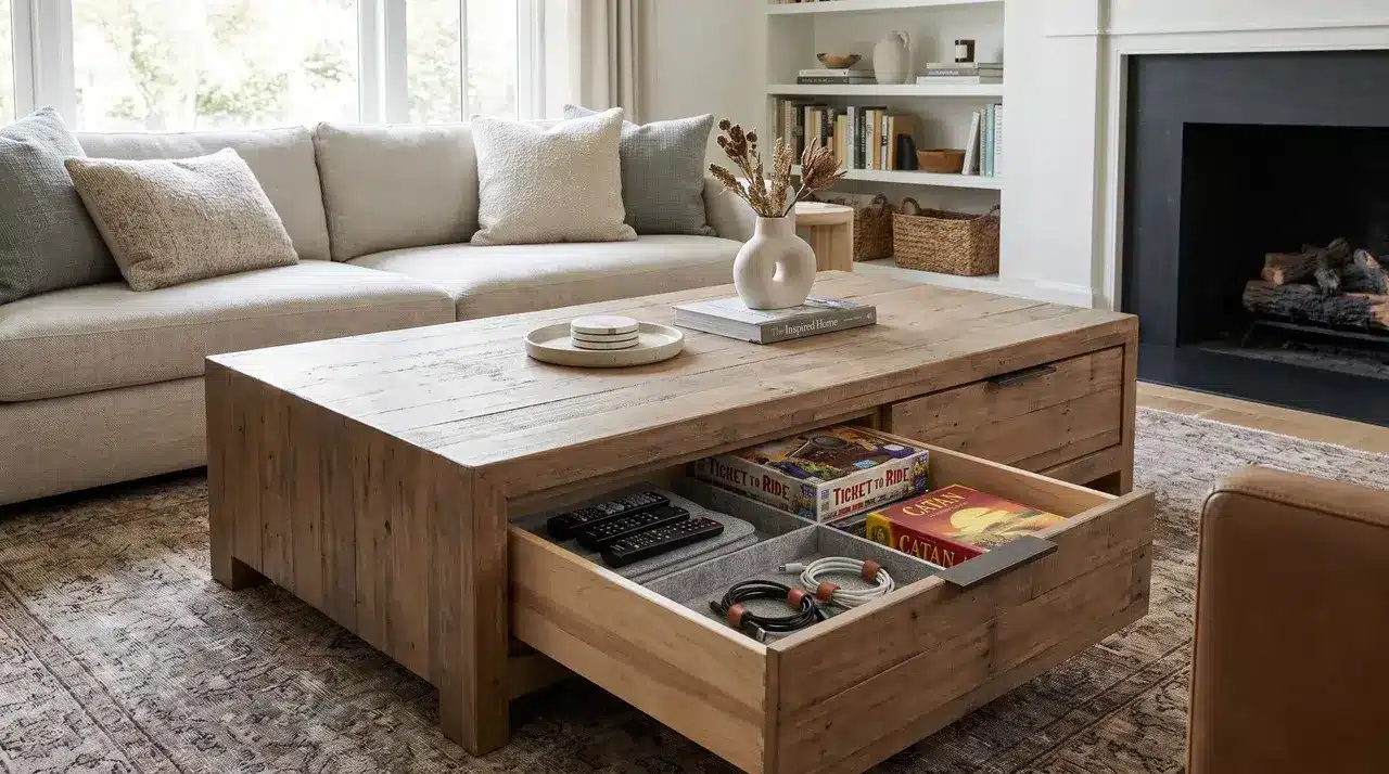 a wooden coffee table fitted with pull out drawers used for storing remotes books and small items