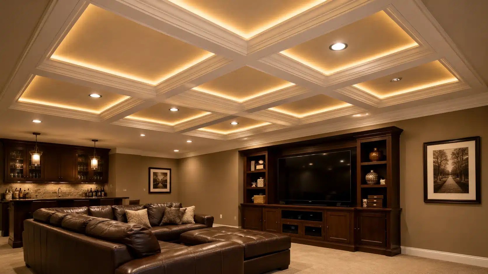 coffered ceiling design with recessed lighting in a warm modern basement living room