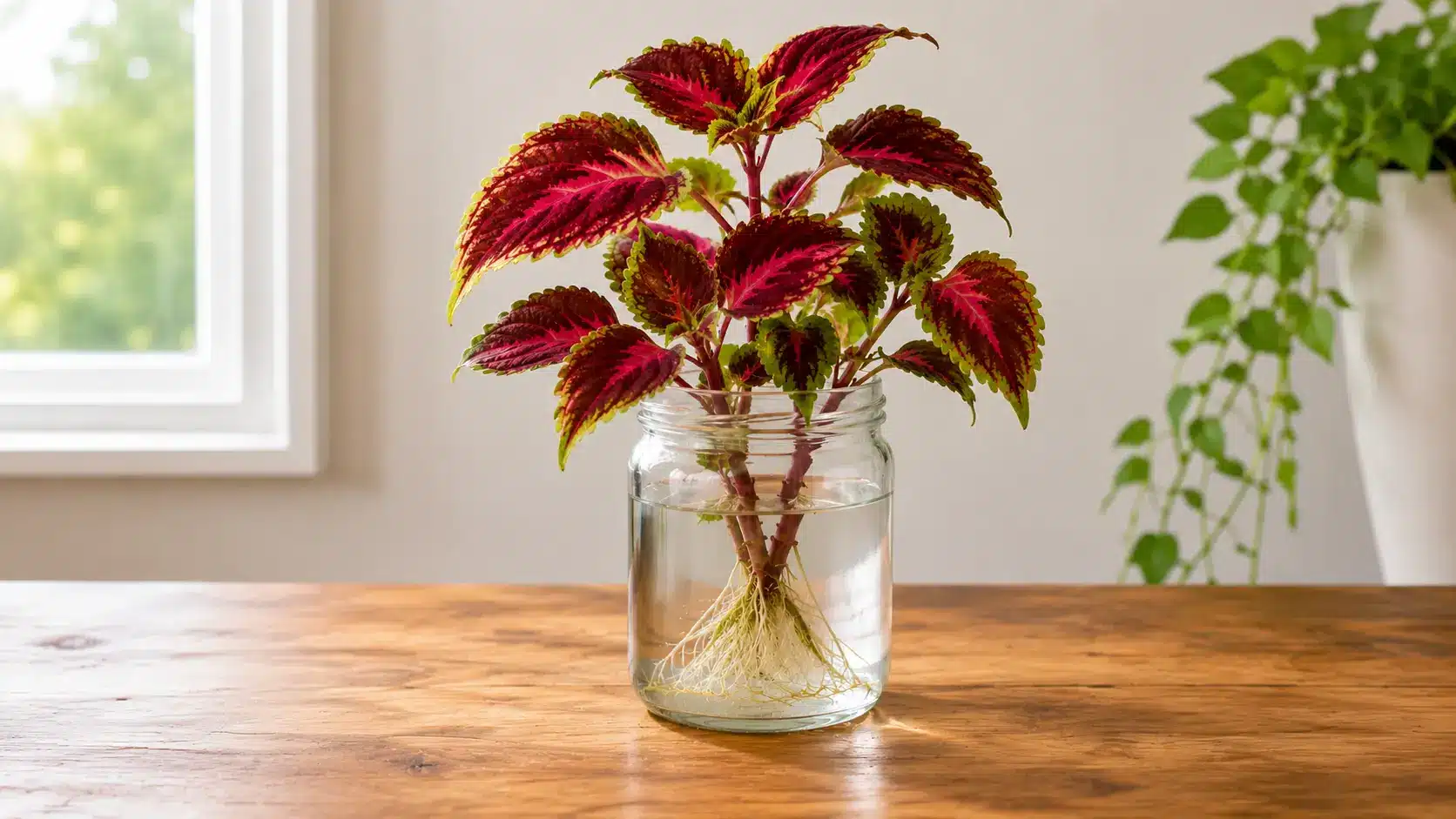 coleus cuttings with red green leaves and visible roots growing in water inside a glass jar