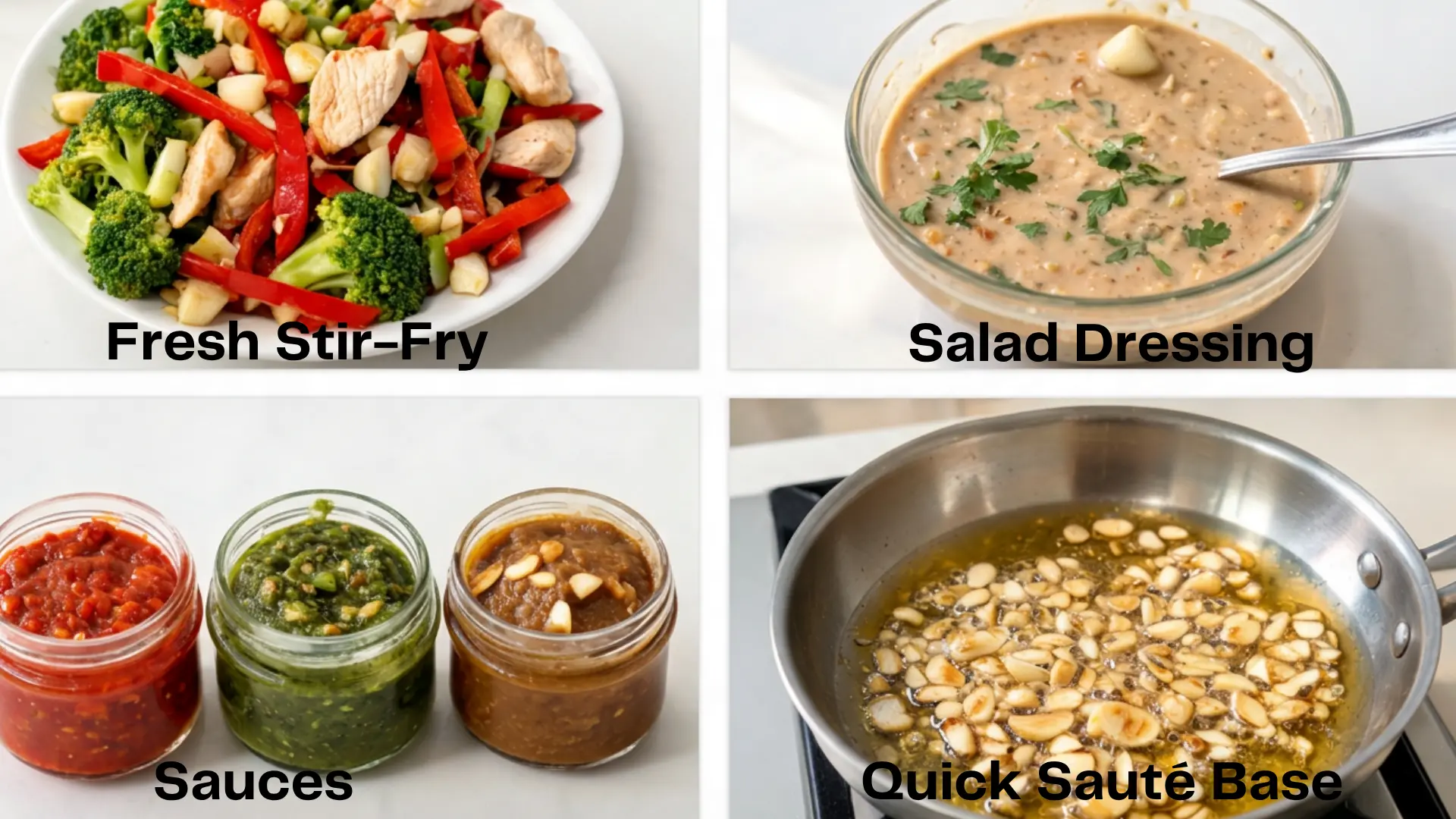 collage showing fresh garlic stir-fry, salad dressing, chutneys, sauces, and sauté base recipes with uncured garlic