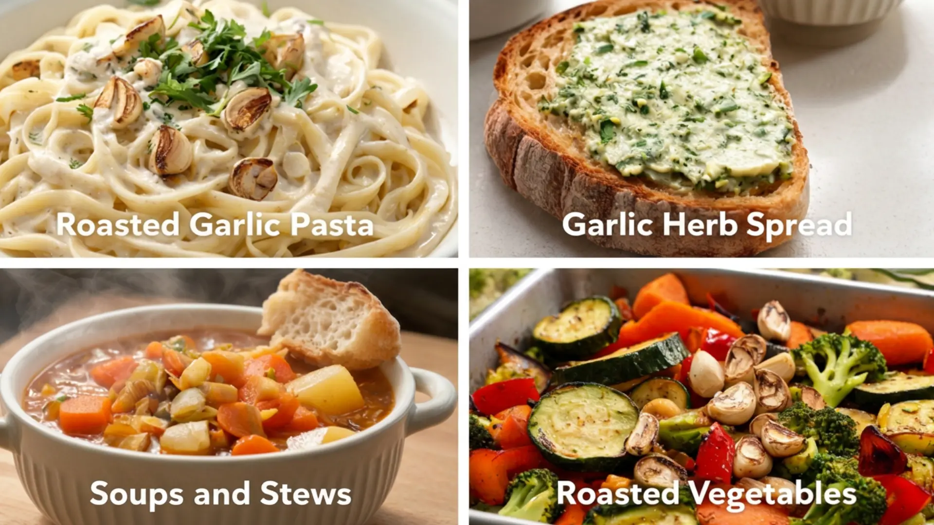 collage showing roasted garlic pasta, garlic herb spread, soups, and roasted vegetables made with cured garlic