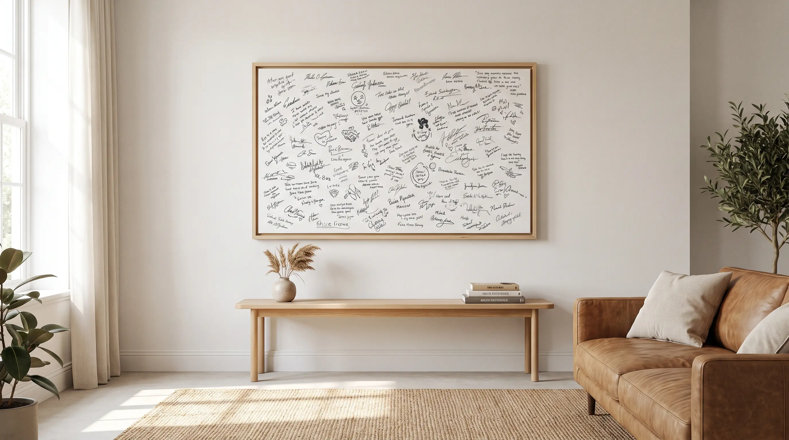 a framed canvas covered slowly in collected guest signatures that form one personal wall design