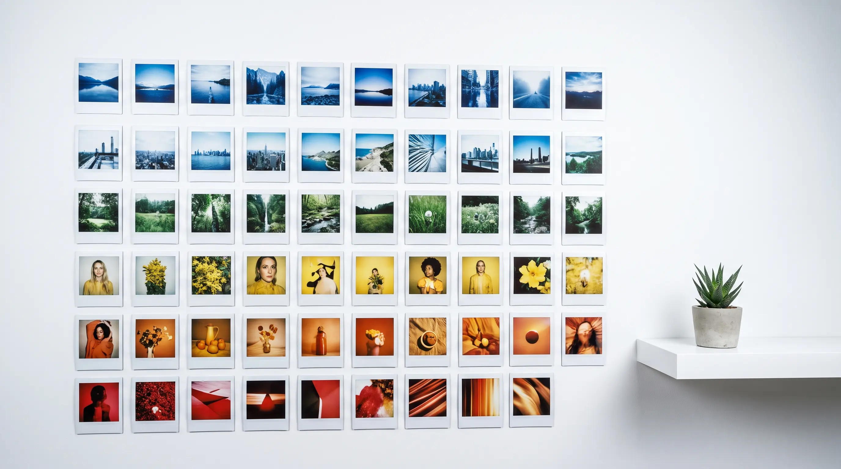 instant photos sorted carefully by color and arranged in even rows inside a clear acrylic frame