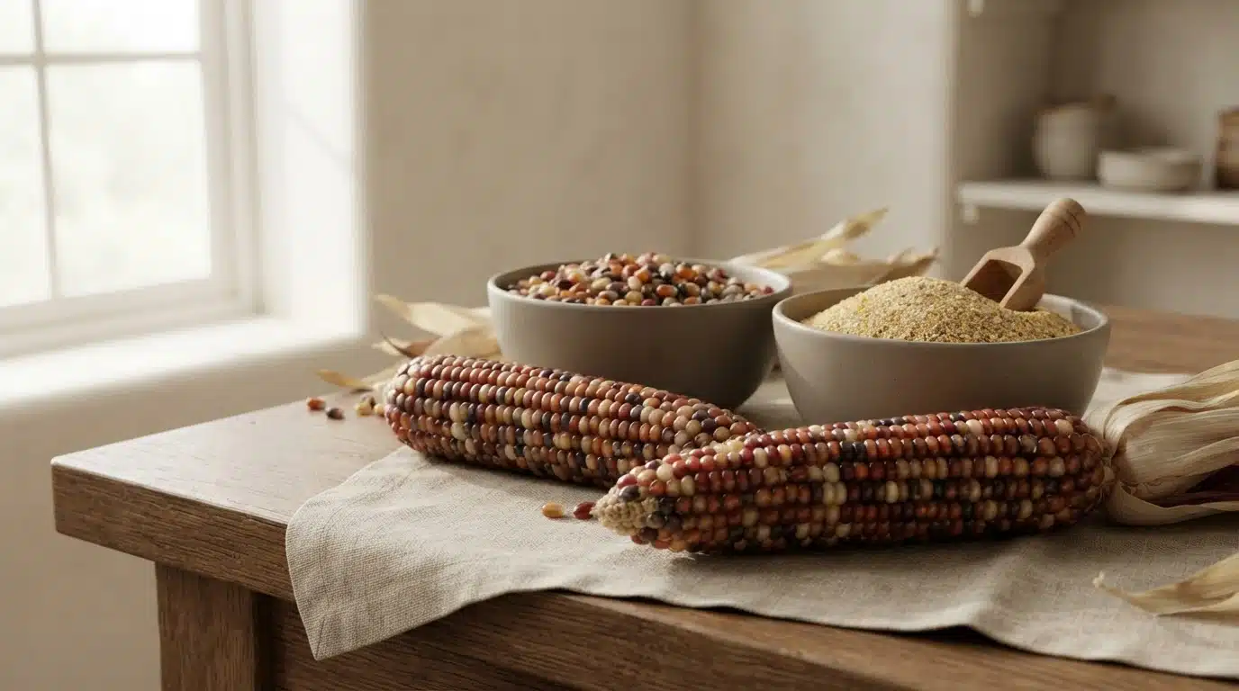 colorful flint corn ears with hard glossy kernels beside loose grain and coarse meal on a wooden table