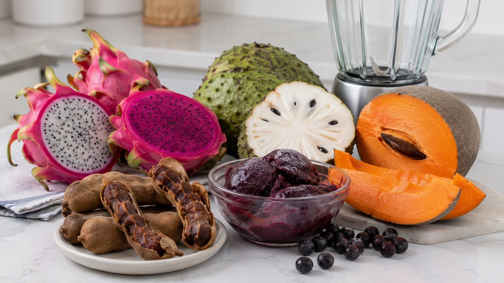 colorful tropical fruits dragon fruit soursop mamey sapote tamarind and acai in a smoothie prep scene