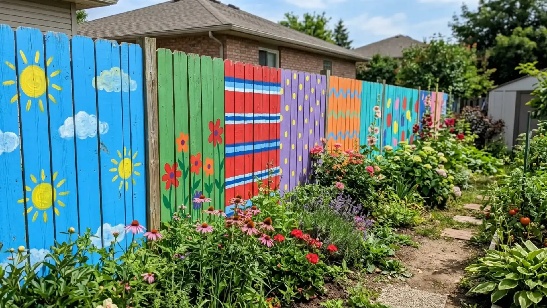 colorful hand-painted wood fence with sun and flower designs along a garden path