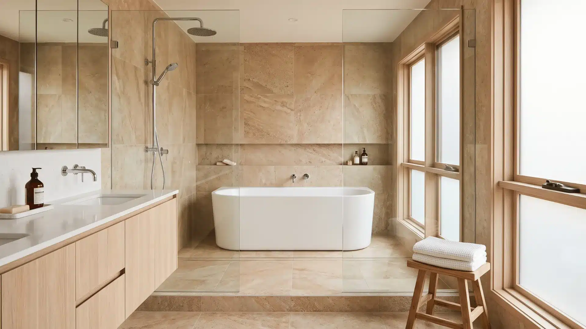 tub and shower in one wet zone with glass dividers and pale oak vanity
