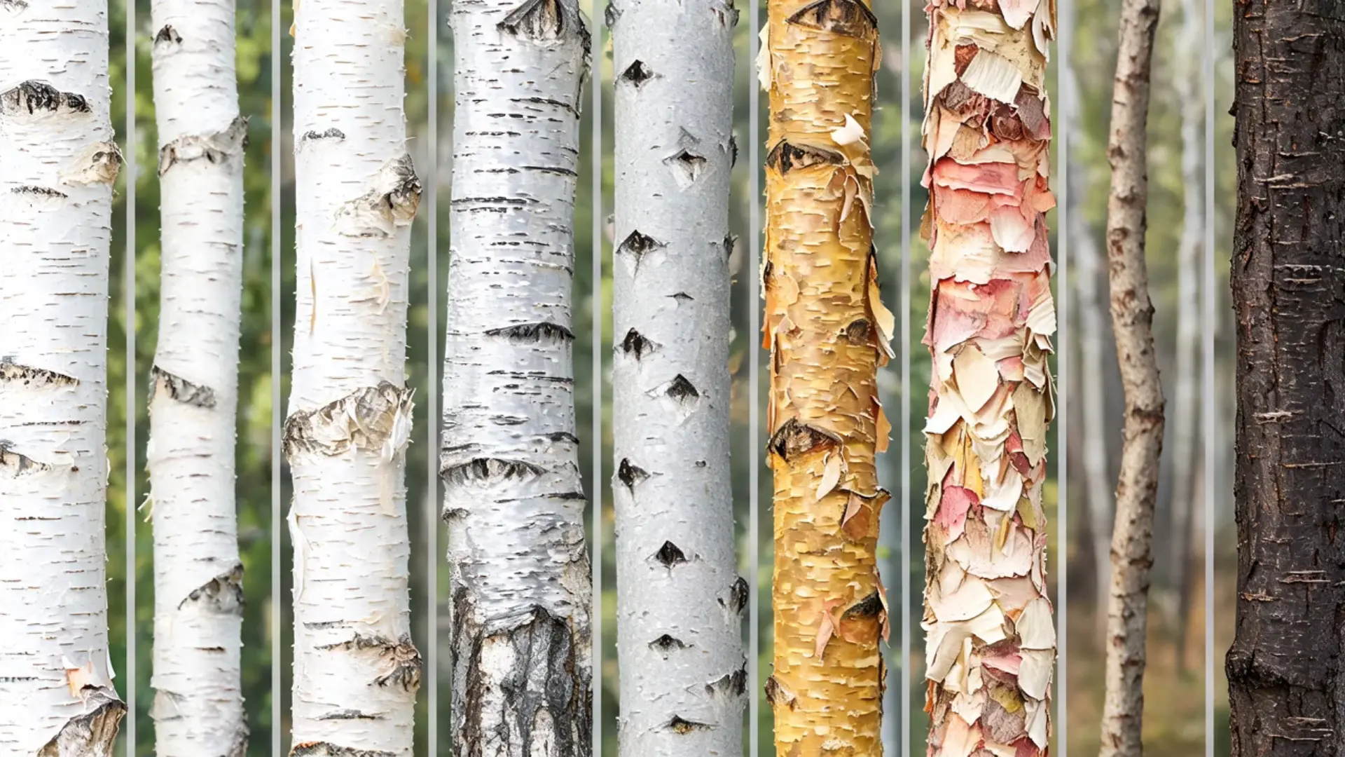 birch trunks display white, gray, bronze, pink, and peeling bark textures side by side in a woodland