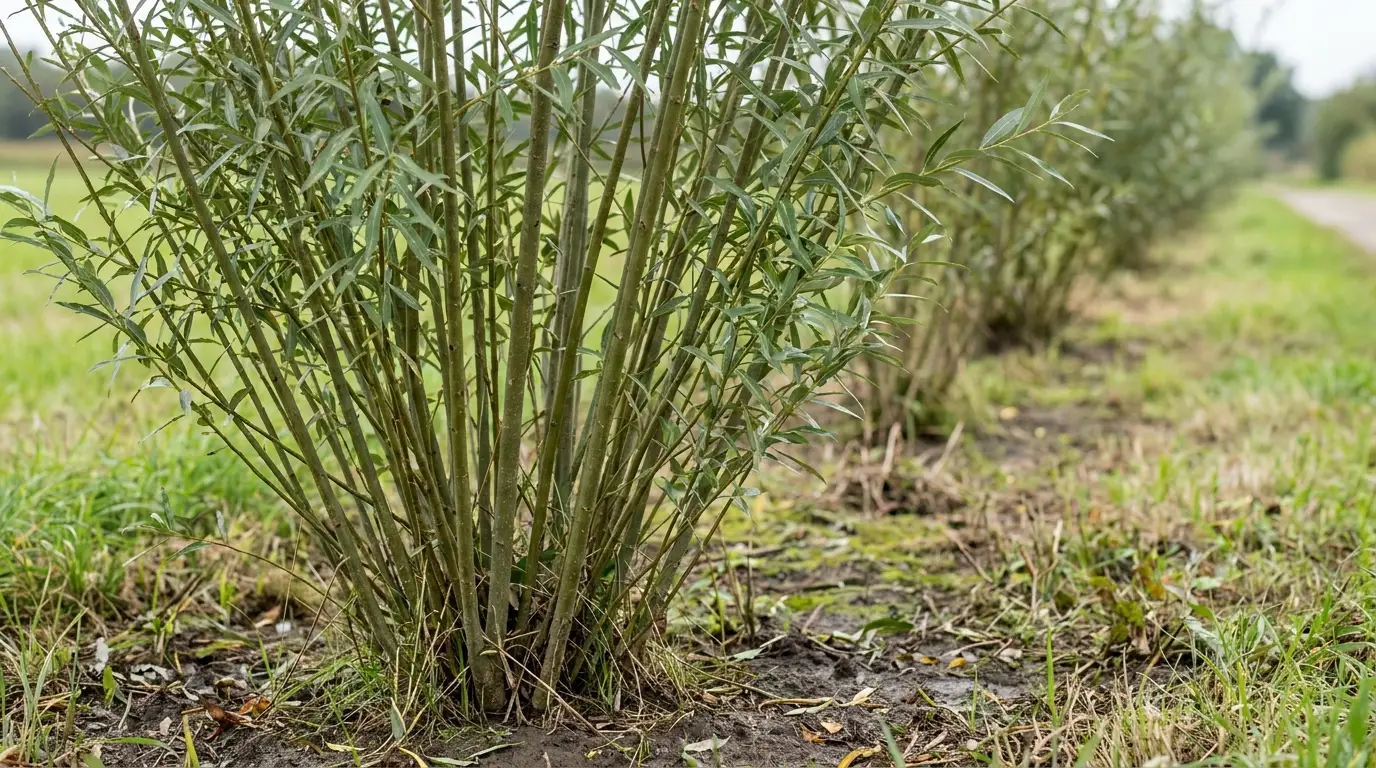 common osier with many straight slender stems and narrow leaves growing in a moist field border