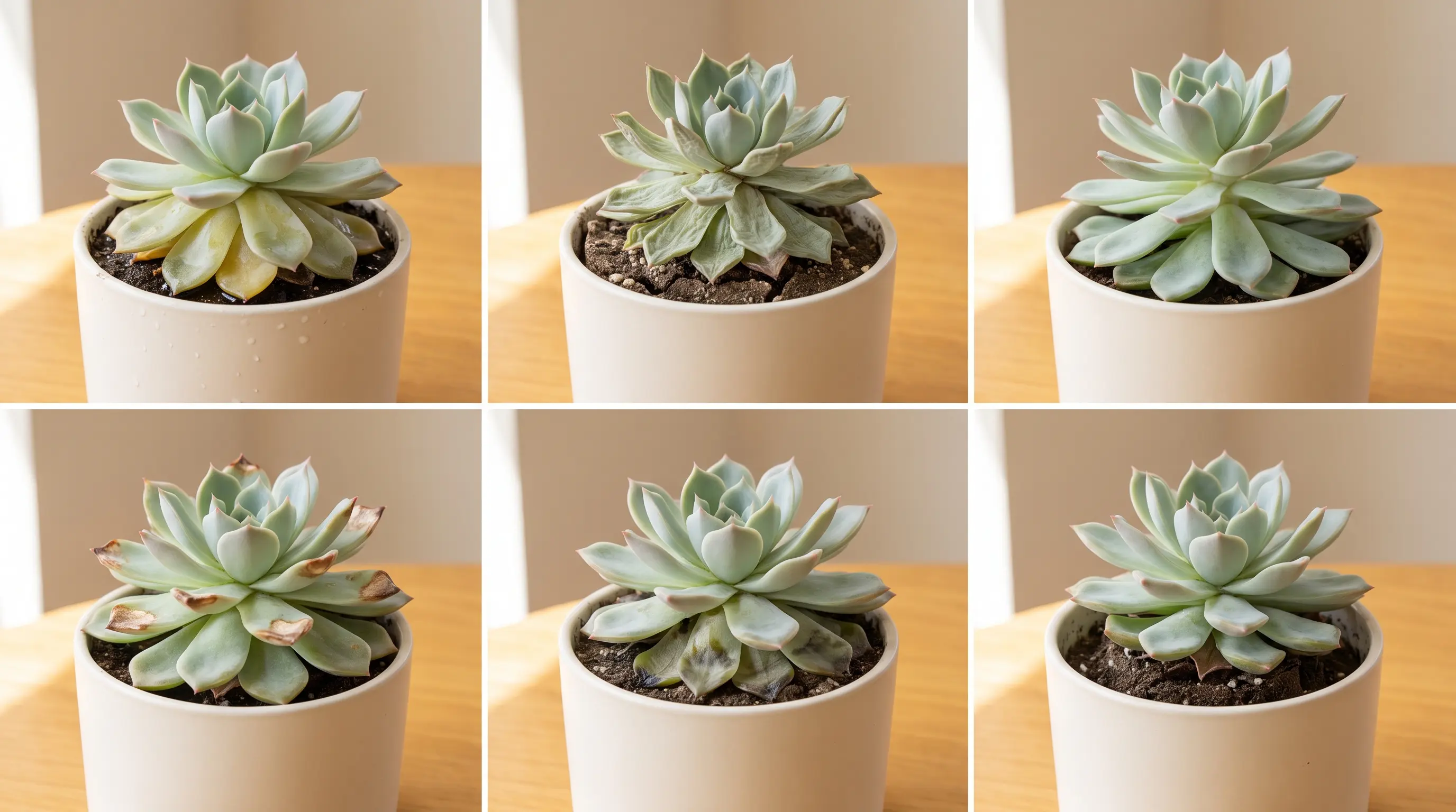 six close-up views show common succulent problems, including yellow leaves, drooping growth, damaged foliage, and unhealthy lower leaves