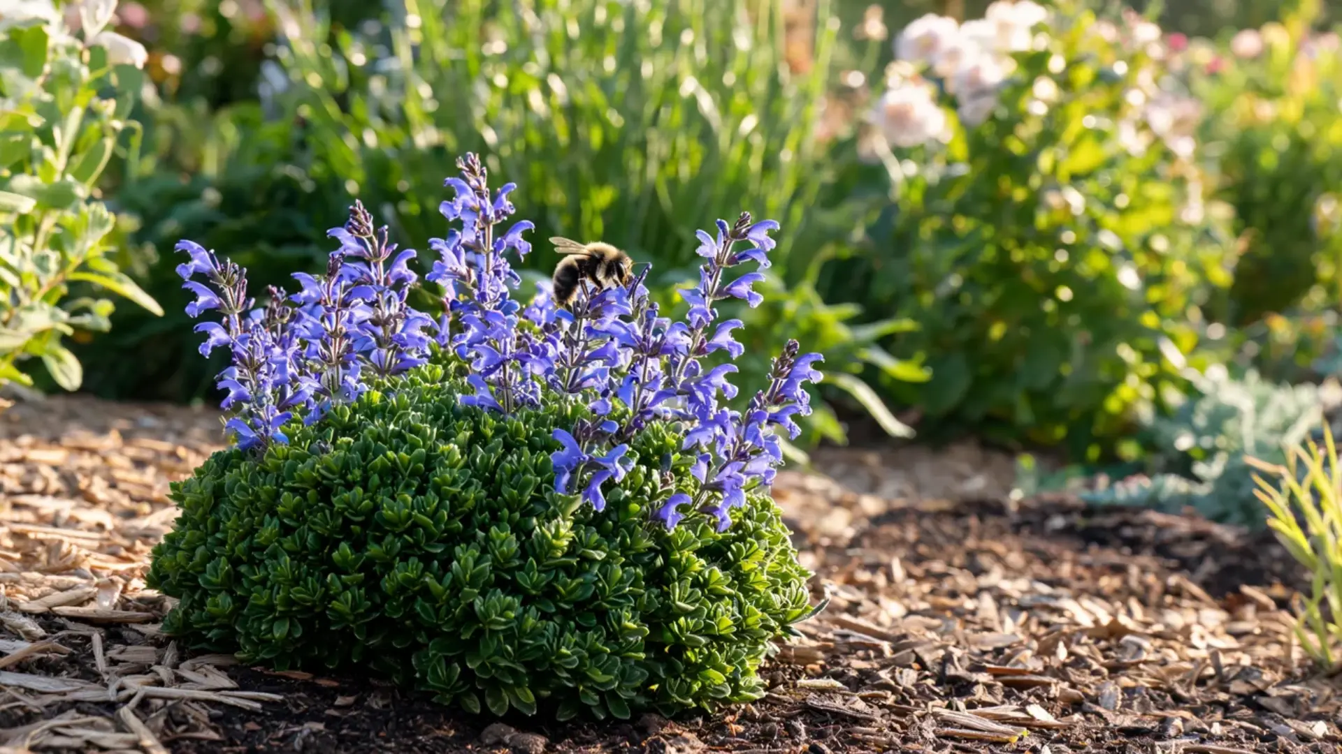 compact beardstongue plant with tubular pink and purple flowers rising above narrow green leaves