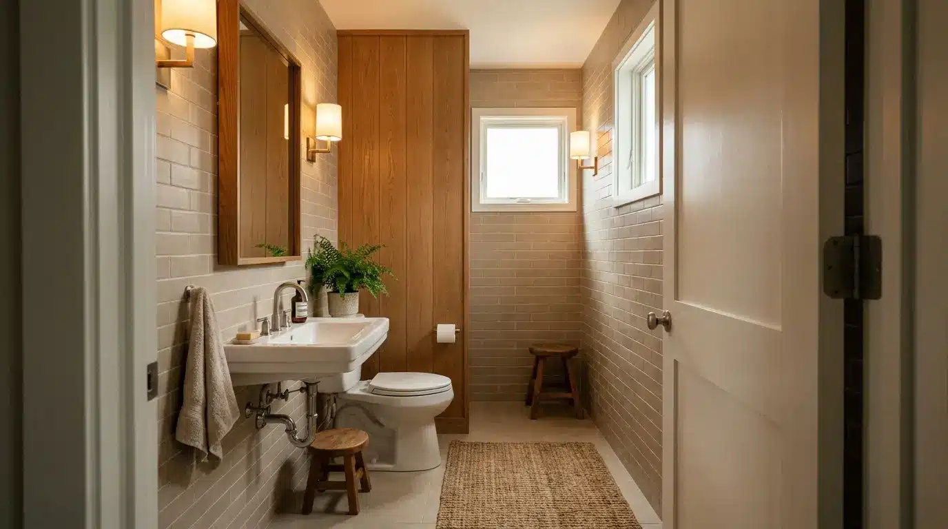 compact half bathroom with toilet slim sink mirror and clear standing space near door