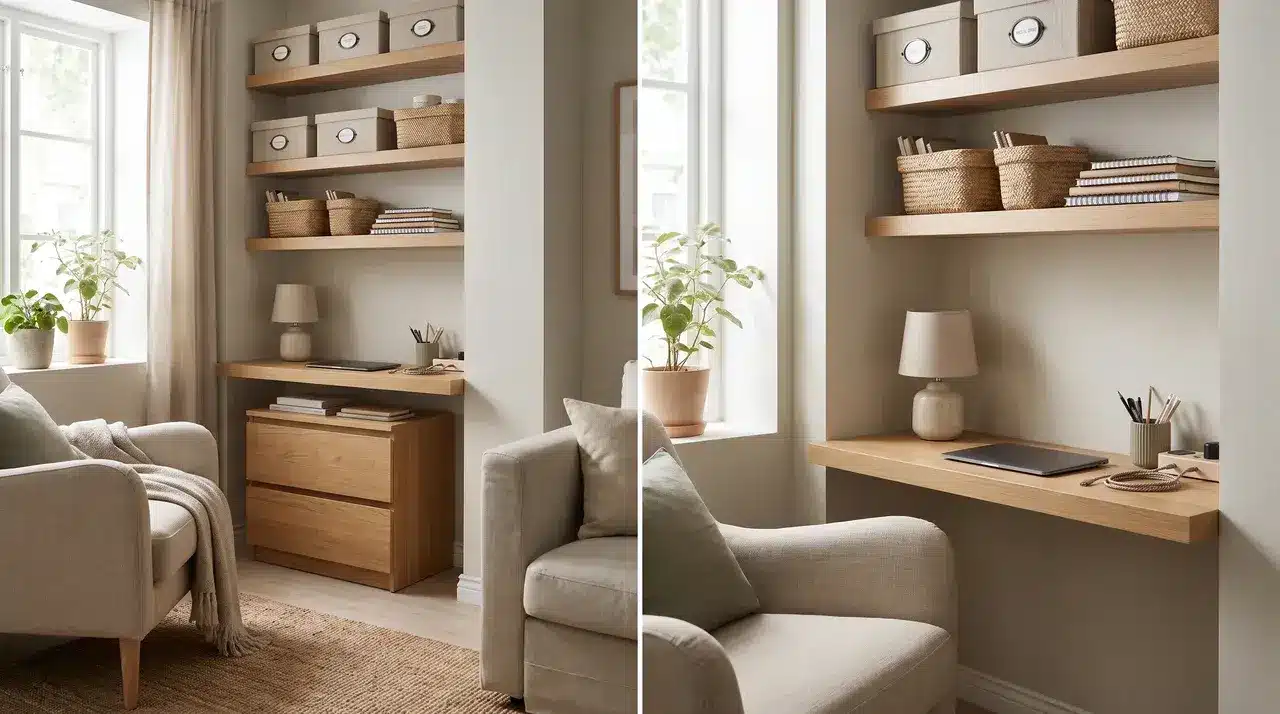 a compact mini office storage nook with a small desk shelves and drawers tucked into a living room corner
