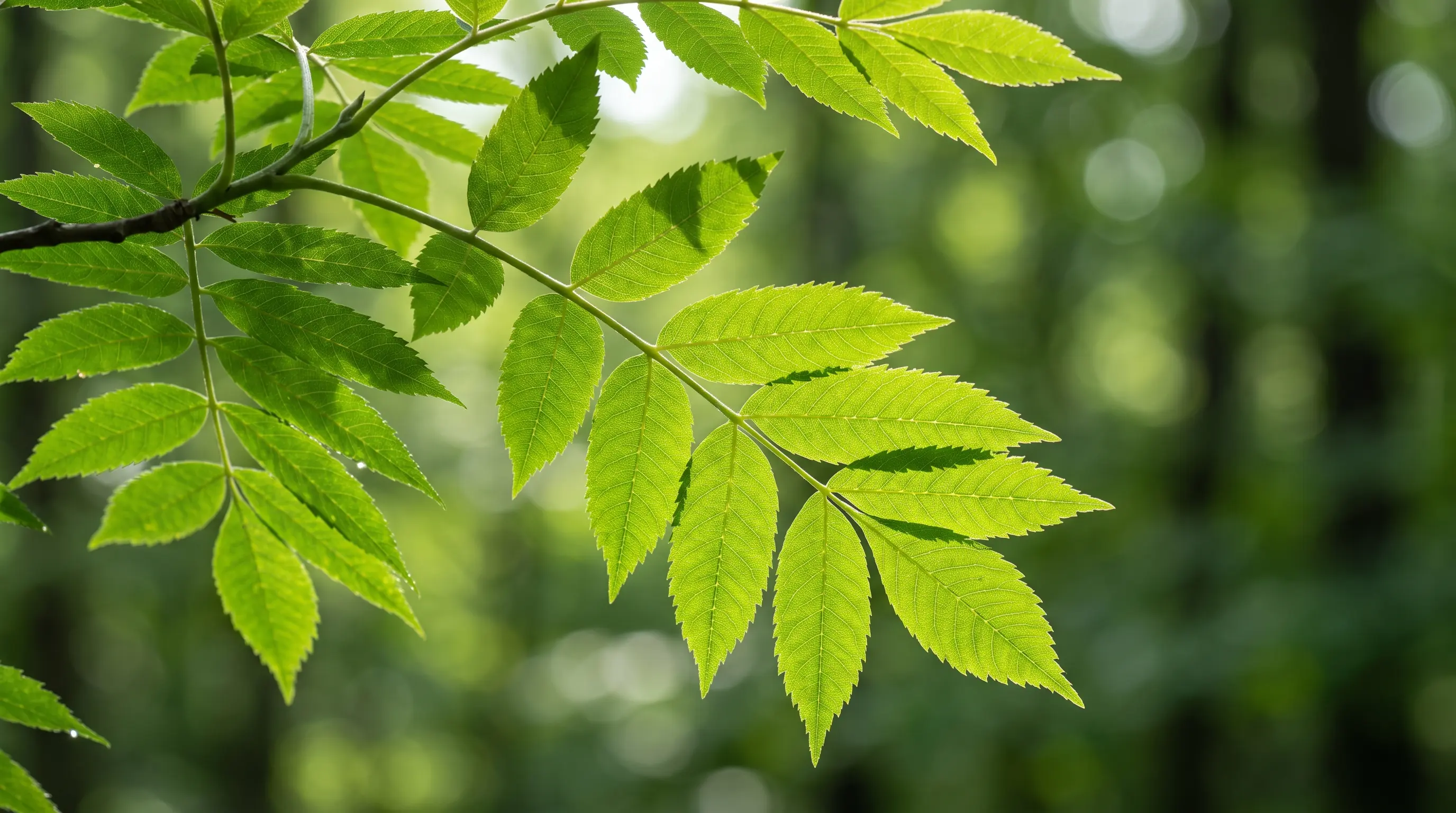 close up of an ash tree compound leaf made up of several small pointed green leaflets in a row