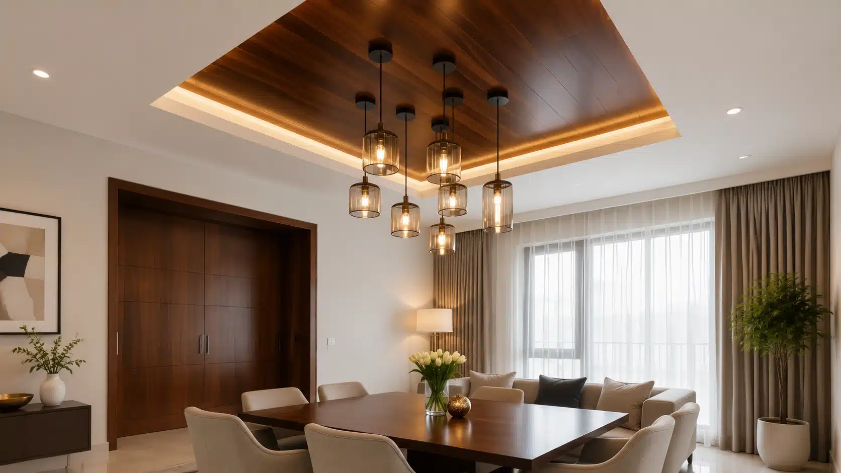 contemporary dining room with wooden ceiling panels pendant lights and neutral furniture near large windows