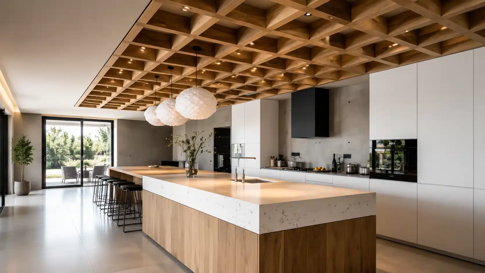 contemporary kitchen with wooden coffered ceiling design marble island and pendant lighting in open layout space