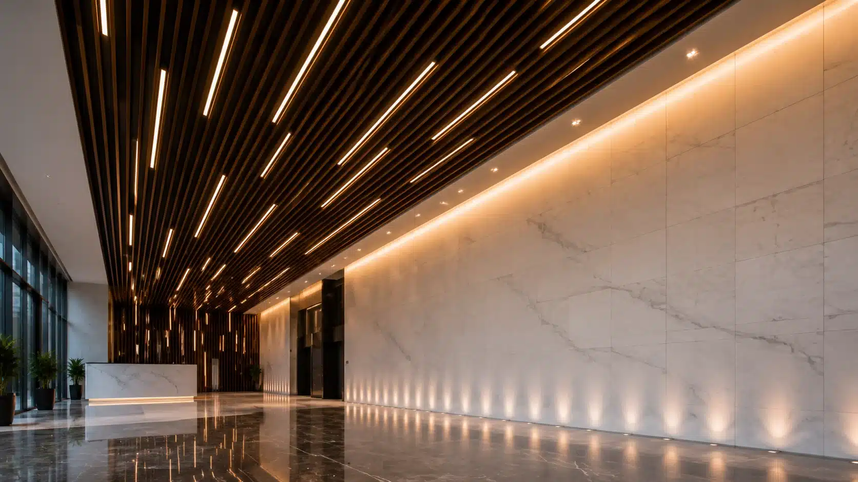contemporary lobby with wood slat ceiling design and linear led lights over marble flooring