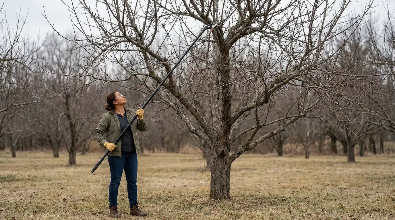 woman using a long pole pruner to reduce the height of a tall leafless apple tree in winter