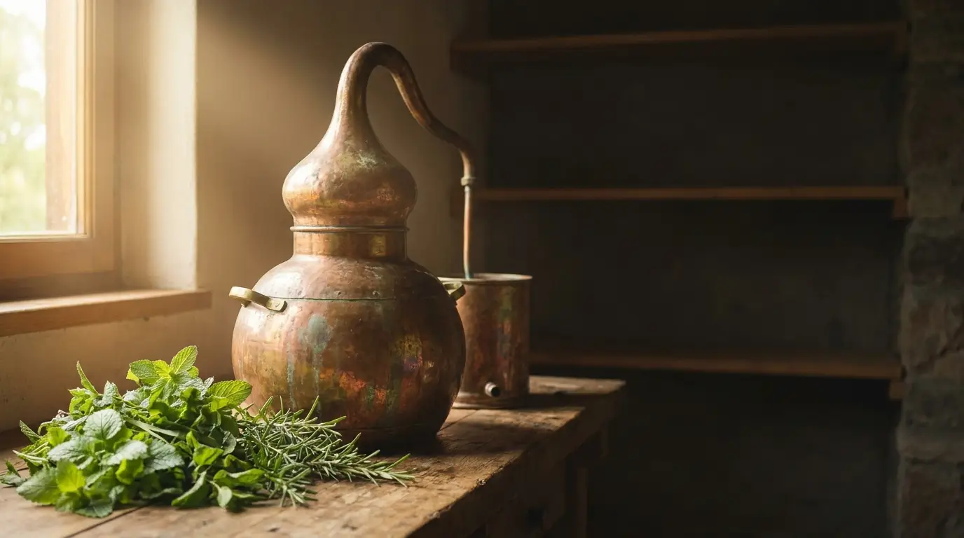 Copper still with fresh herbs on rustic wooden table in dimly lit room