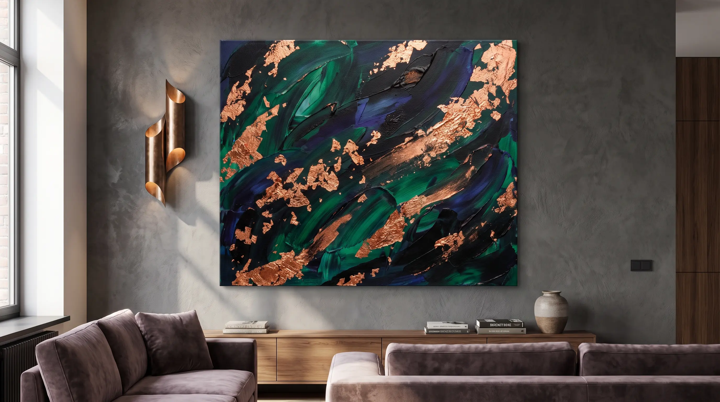 a loose abstract painted background finished with a few scattered small copper flake accents