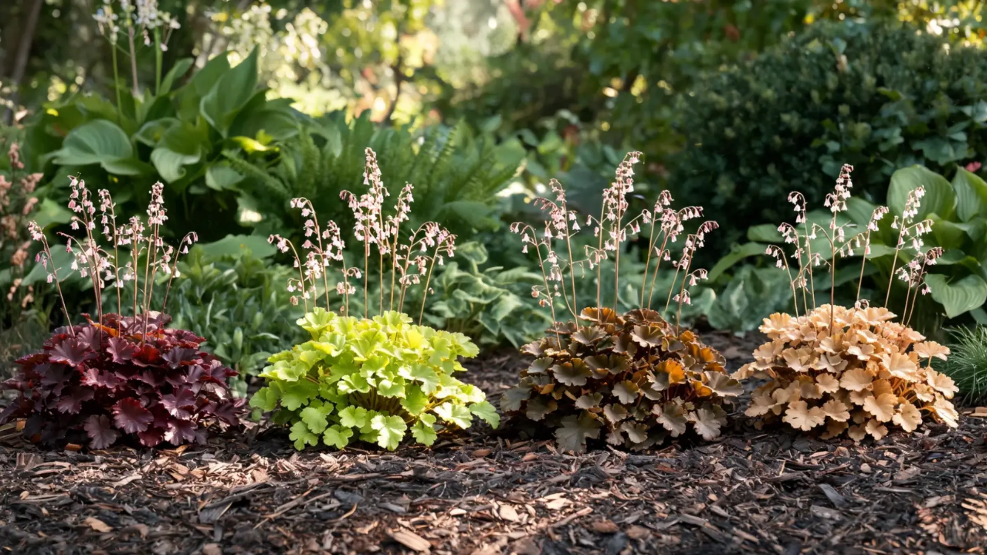 coral bells plant with deep burgundy foliage and slender flower stems rising above the low leaves