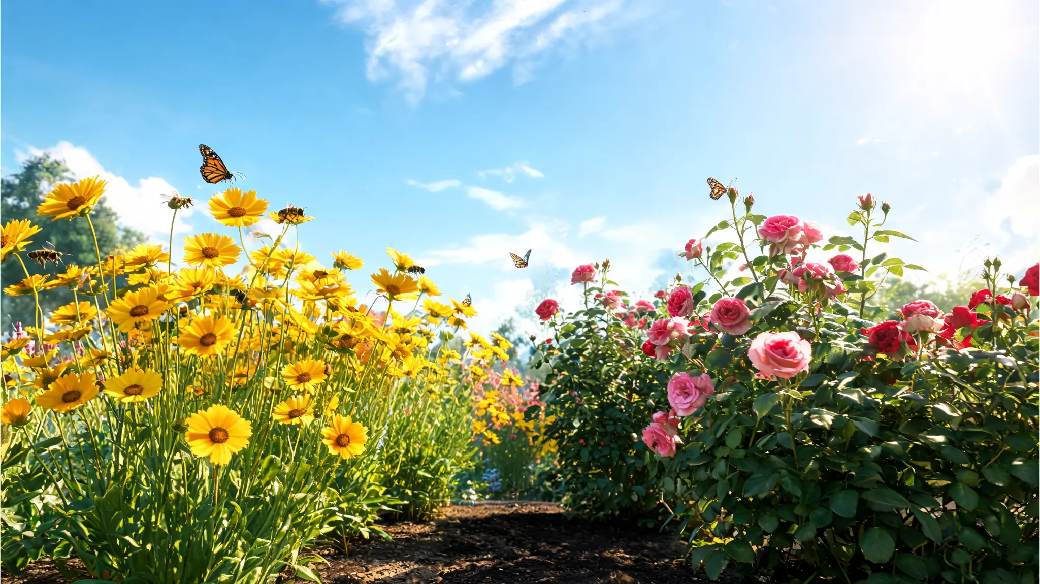 coreopsis planted beside rose bushes in summer