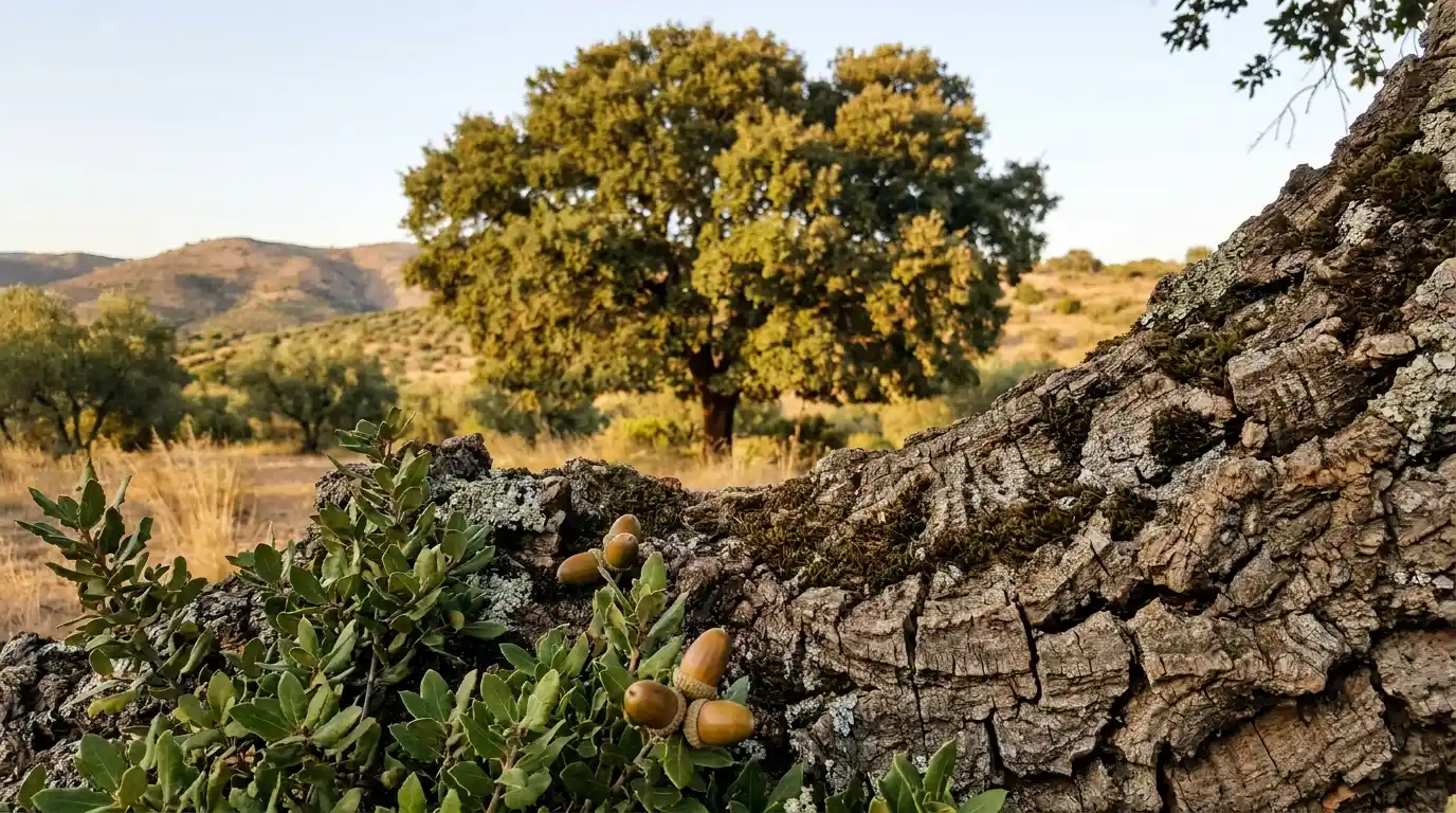 cork oak tree with corky bark evergreen leaves and acorns