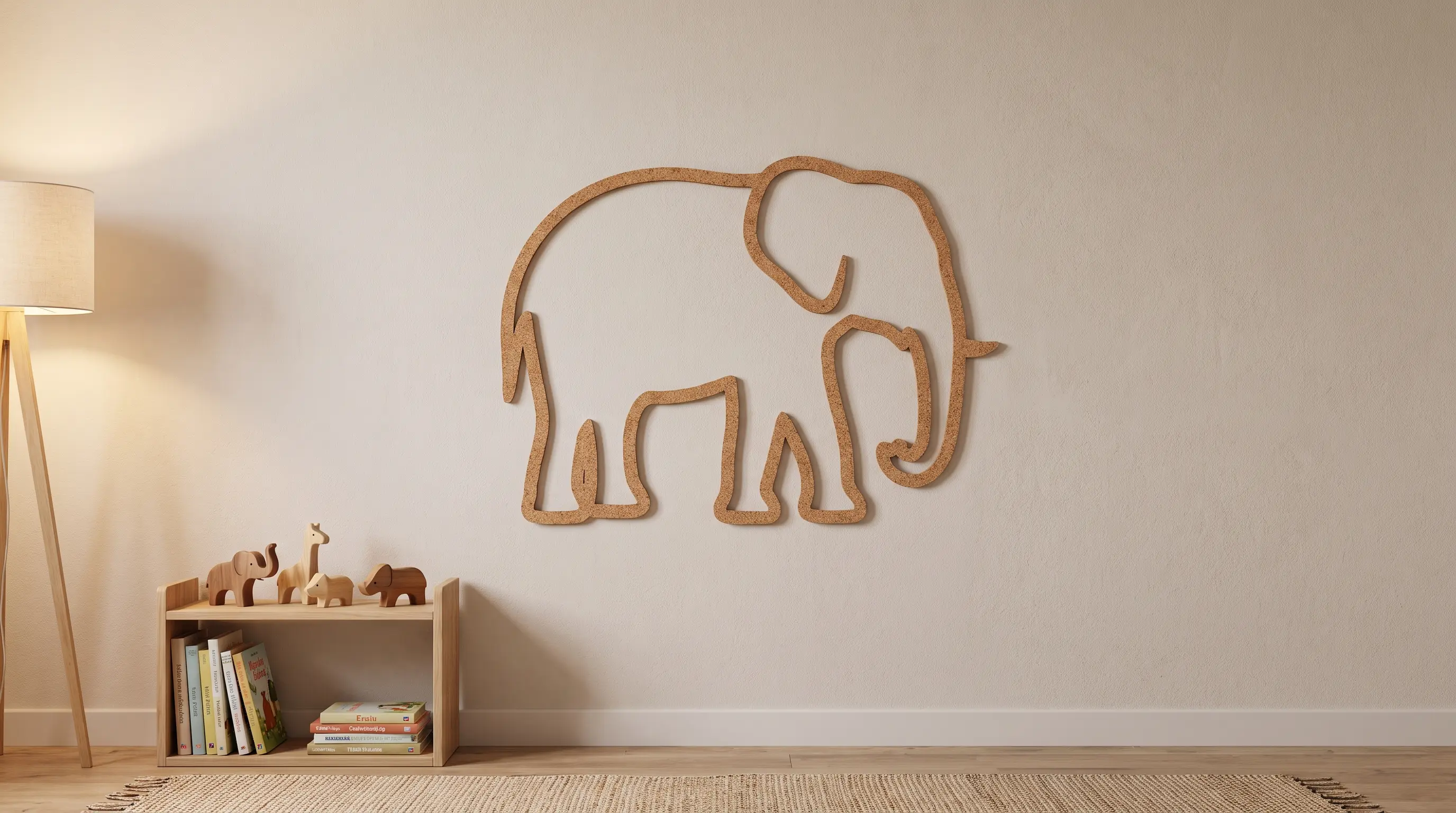 a large silhouette shape formed using many small cut pieces of cork mounted on a plain wall