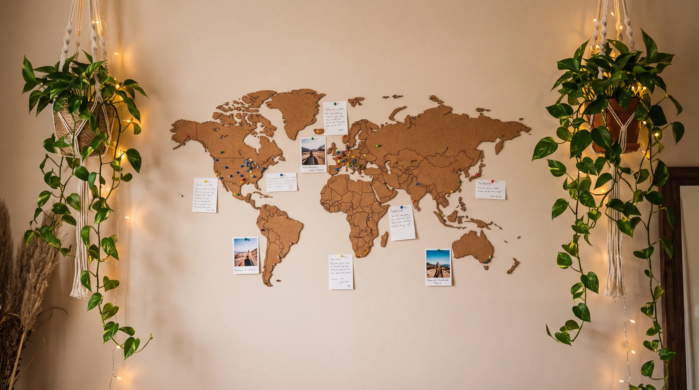 a world map cut carefully from cork sheets with pins marking places visited or hoped to visit