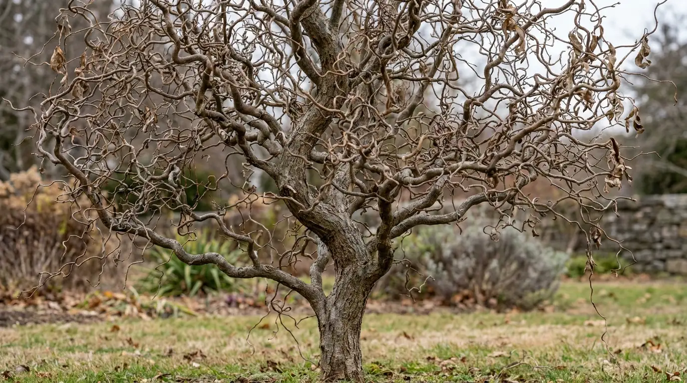 leafless corkscrew willow with tightly twisted branches and a rough trunk in a quiet winter garden