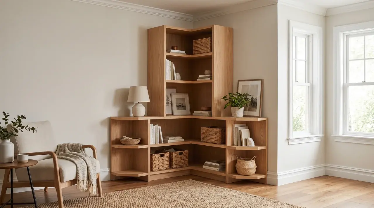 a corner shelving unit fitted neatly into the corner of a living room holding books and decorative items