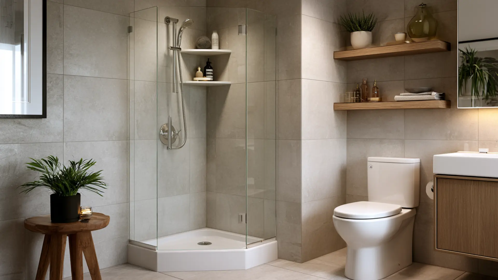 compact bathroom featuring a corner shower conversion with glass enclosure and storage