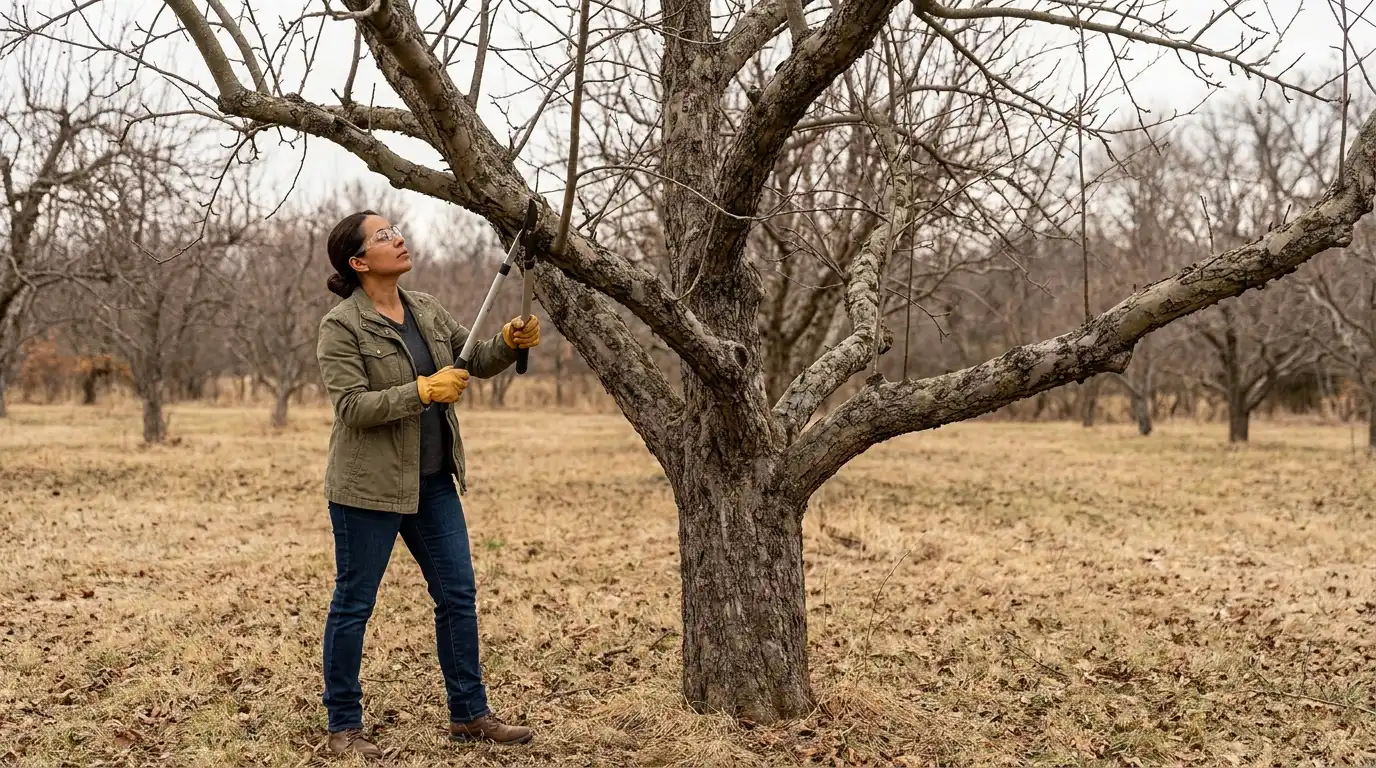 woman using loppers to remove a poorly placed branch from a mature leafless apple tree in a winter orchard