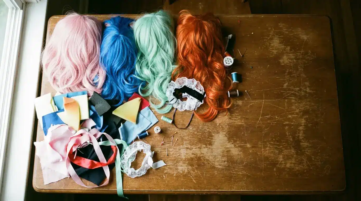 Colorful wigs and crafting materials spread on a wooden table in natural light