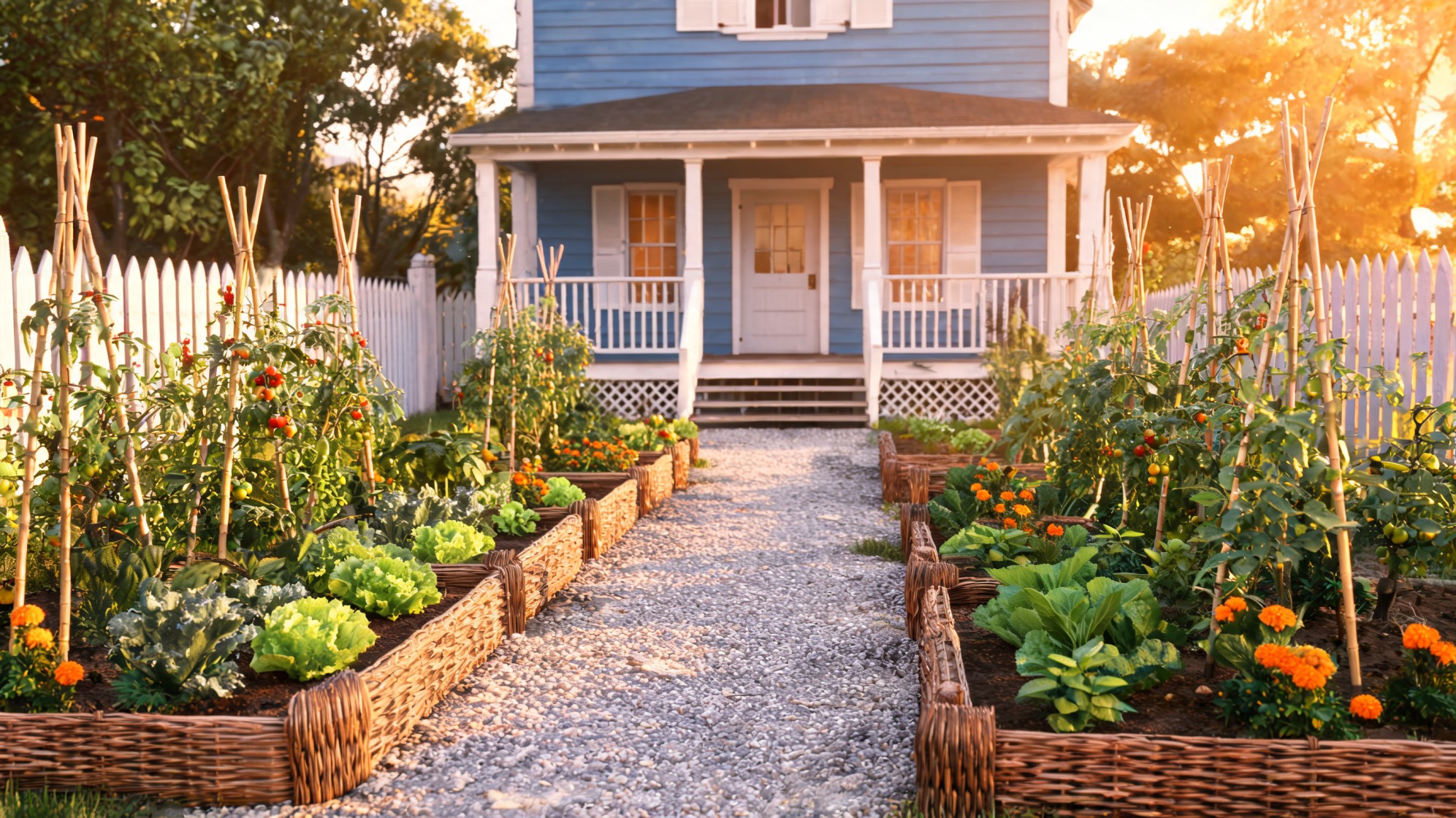 edible landscape with gravel path woven raised beds tomatoes greens orange flowers and blue cottage porch